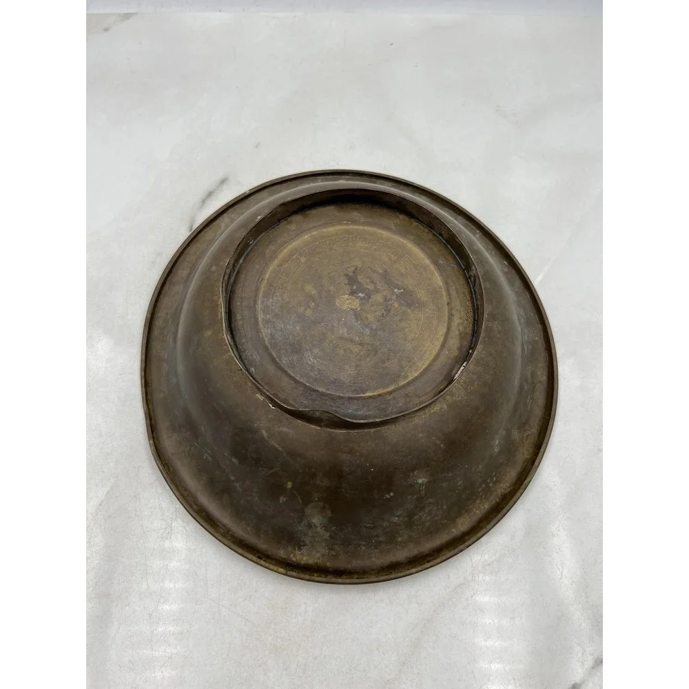 Brass Footed Shallow Bowl Chinese Fu Good Fortune Etched Greek Key Patina Decor